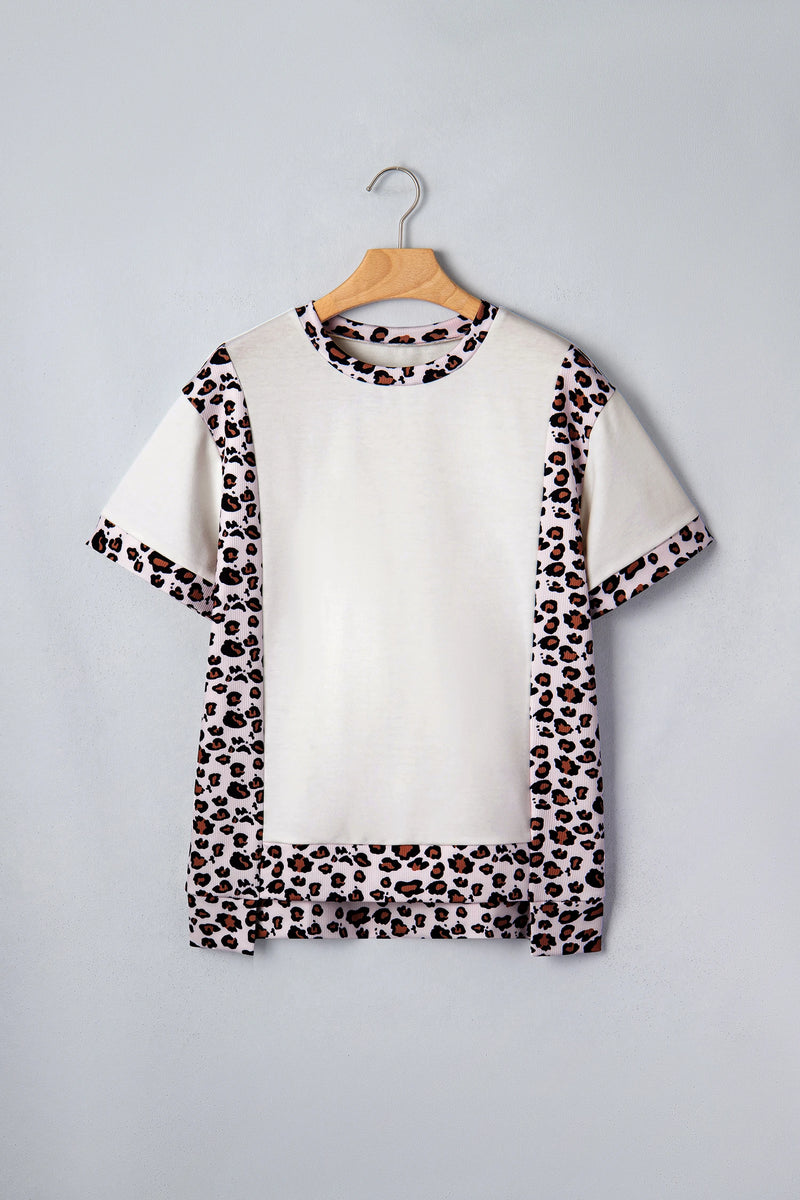 Load image into Gallery viewer, DLLS587 - Ladies White Ribbed Leopard Patchwork Uneven Hem T Shirt
