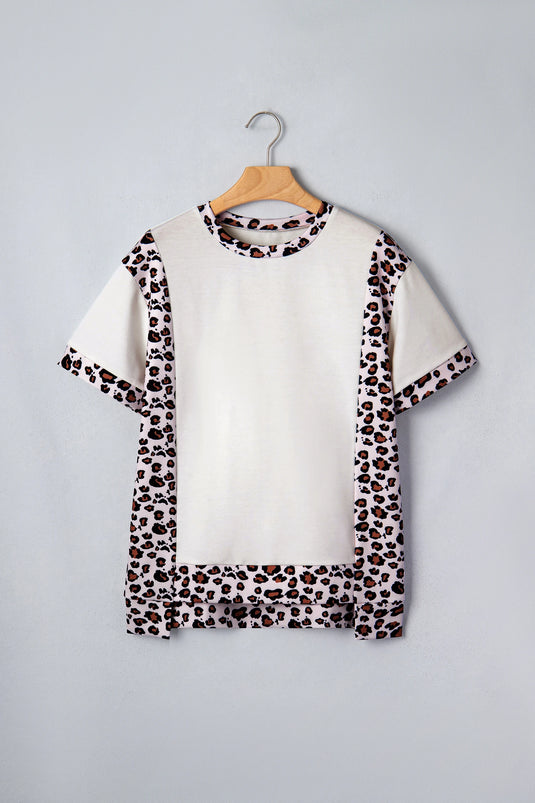 DLLS587 - Ladies White Ribbed Leopard Patchwork Uneven Hem T Shirt