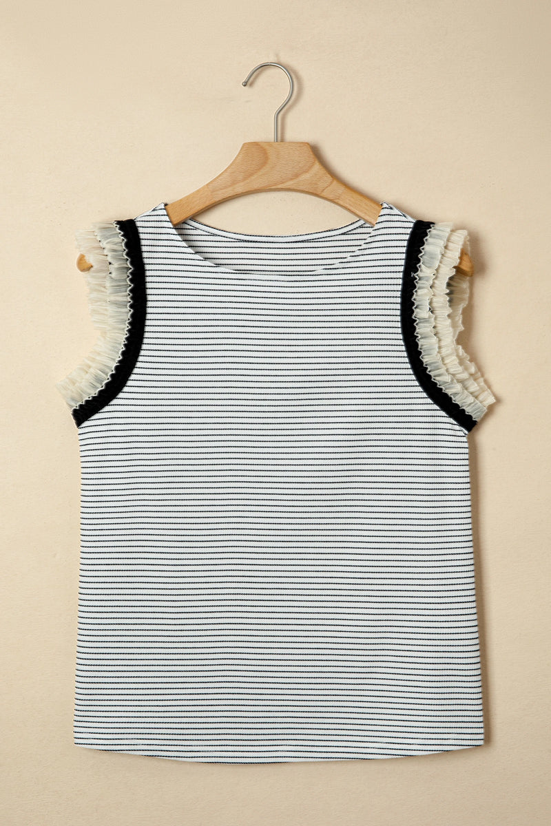 Load image into Gallery viewer, DLLS476 - Ladies Black Stripe Contrasted Ruffle Trim Casual Tank Top
