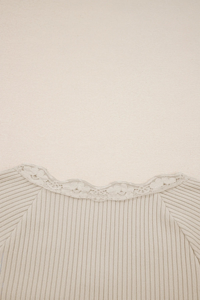 Load image into Gallery viewer, DLLS407 - Ladies Beige Lace Neckline Button Decor Lettuce Edge Long Sleeve Ribbed Top
