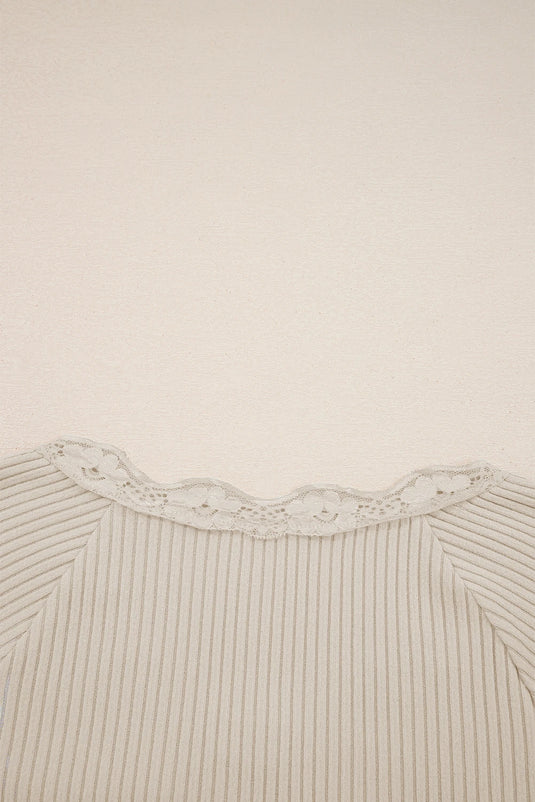 DLLS407 - Ladies Beige Lace Neckline Button Decor Lettuce Edge Long Sleeve Ribbed Top