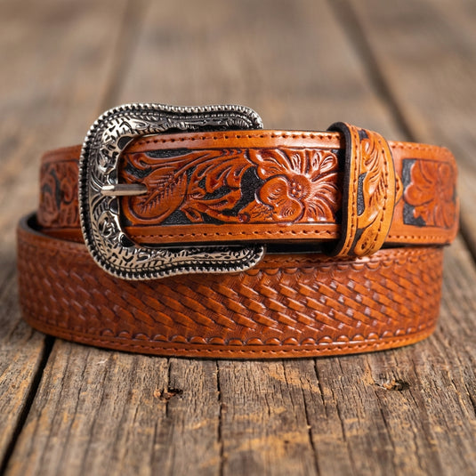 B1039 - RockinLeather Cognac Cowhide Basket Weave Leather Belt