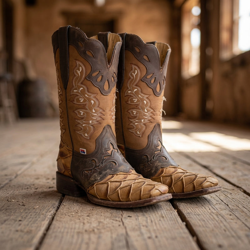 Load image into Gallery viewer, 1244 - RockinLeather Men's Pirarucu Print Leather Boot W/Overlay
