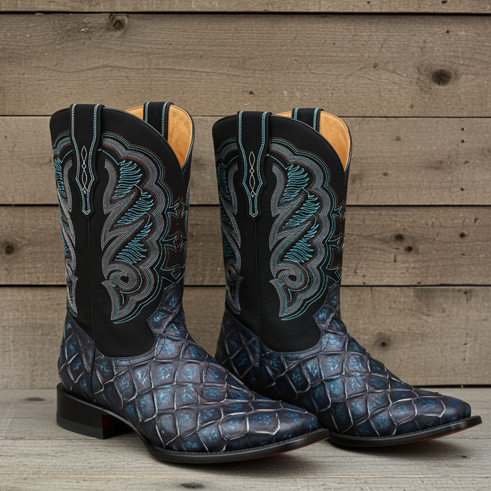 CP1707 - Cowboy Prayer Hand Crafted Blue Pirarucu Print Cowboy Boots
