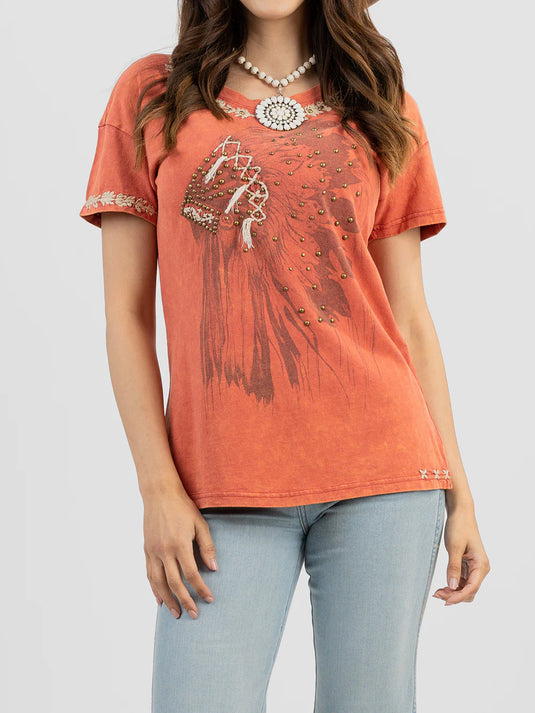 DL-T019RD - Delila Women's Mineral Wash “Tribe” Graphic Short Sleeve Tee