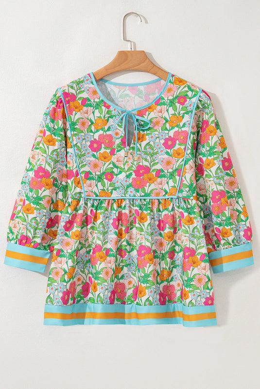 DLLS325 - Ladies Green Floral Print Striped Trim Tie Neck Puff Sleeve Babydoll Blouse