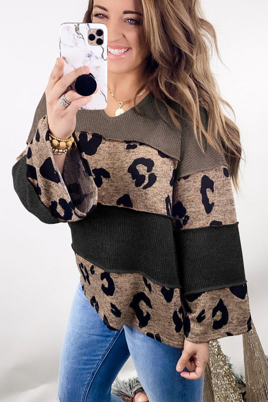 DLLS110 - Ladies Multicolour Colorblock Patchwork V-Neck Loose Sleeve Knit Top