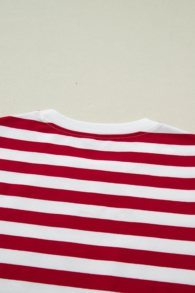 Load image into Gallery viewer, DLLS530 - Ladies Red Stripe Patchwork Round Neck T Shirt
