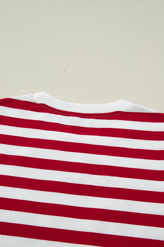 DLLS530 - Ladies Red Stripe Patchwork Round Neck T Shirt