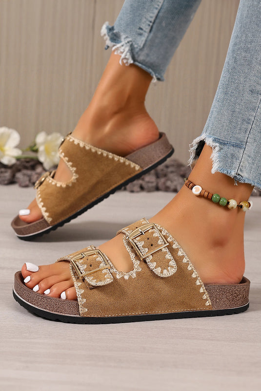 DLLSHOE 3 - Camel Embroidered Trim Retro Buckle Faux Suede Slippers