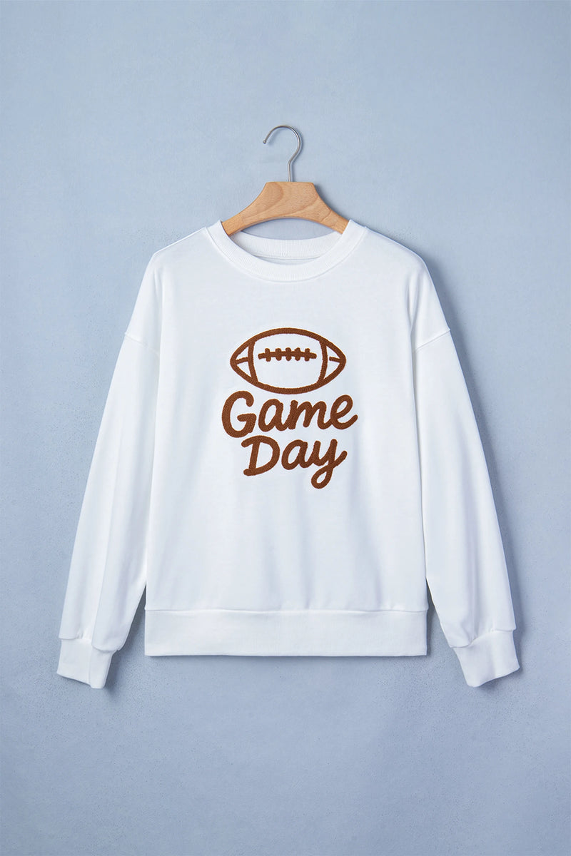 Load image into Gallery viewer, DLLS780 - Ladies White Embroidered Game Day Rugby Pattern Crewneck Sweatshirt
