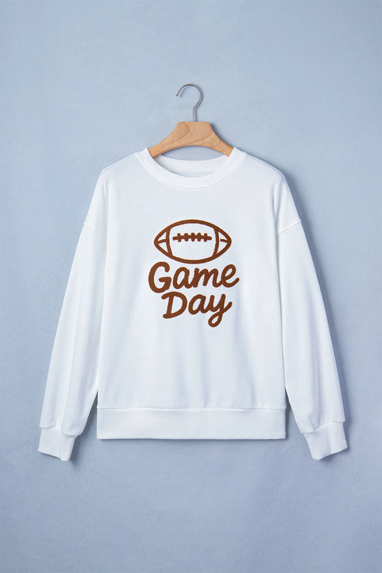 DLLS780 - Ladies White Embroidered Game Day Rugby Pattern Crewneck Sweatshirt