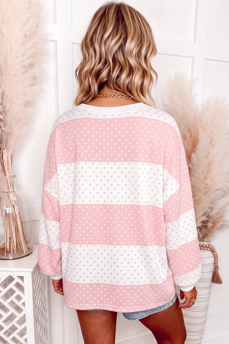 Load image into Gallery viewer, DLLS1095 - Ladies Pink Polka Dot Patchwork Colorblock Long Sleeve Top
