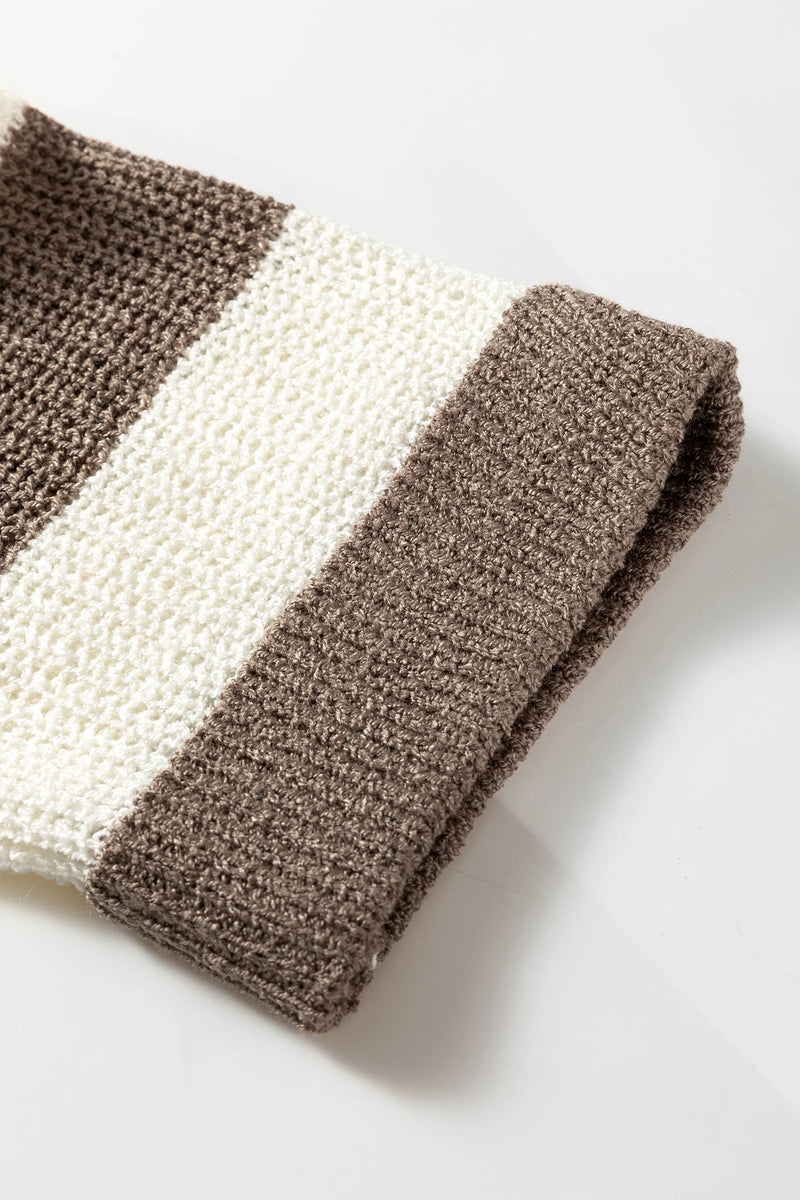 Load image into Gallery viewer, DLLS410 - Ladies Brown Stripe Colorblock V Neck Bracelet Sleeve Sweater

