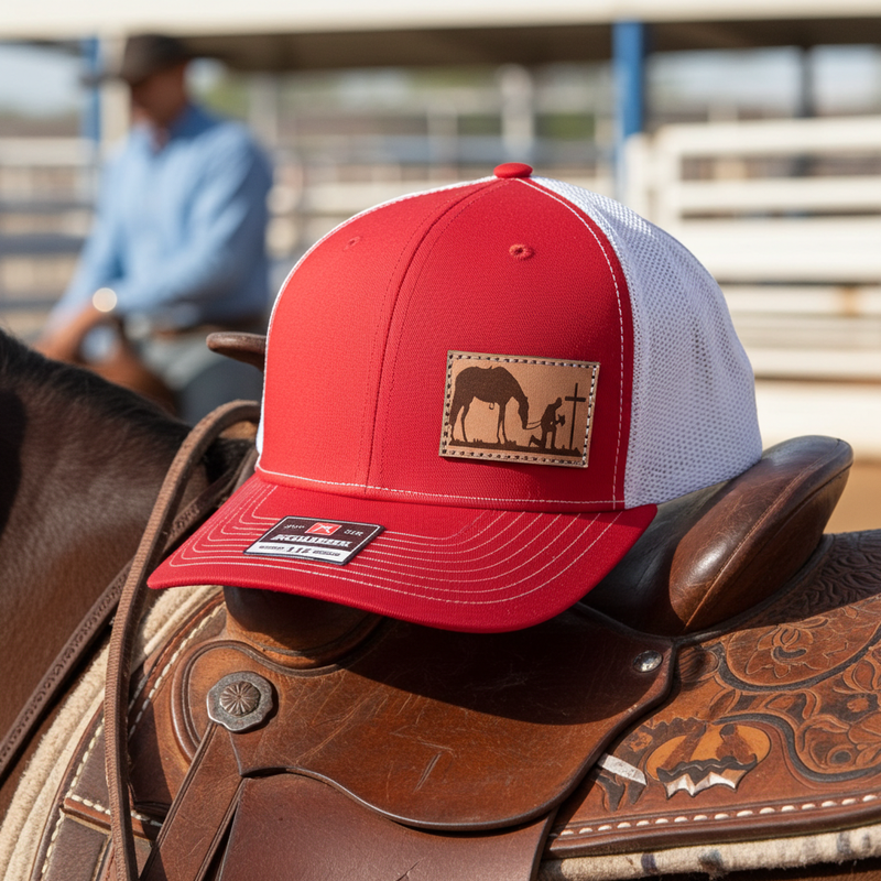 Load image into Gallery viewer, CP103 - Cowboy Prayer Leather Patch Red/White Cap
