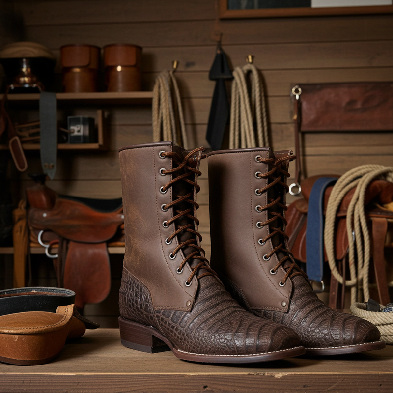 Load image into Gallery viewer, CP5002 - Cowboy Prayer Men&#39;s Gator Print Lace Up Packer Boots

