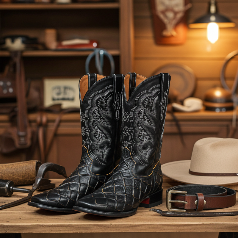Load image into Gallery viewer, CP1702 - Cowboy Prayer Pirarucu Print w/Yellow Underlay Cowboy Boots
