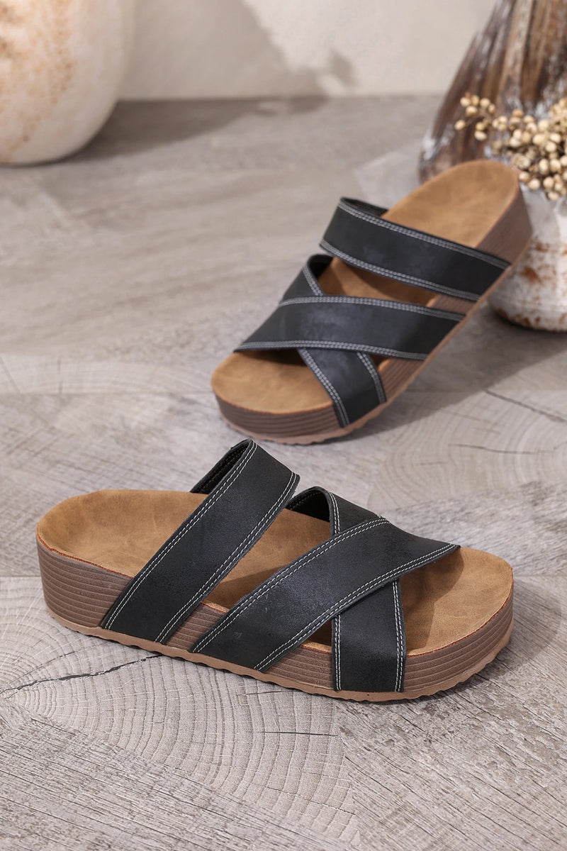 Load image into Gallery viewer, DLLSHOE 66  - Color Black Contrast Stitch Crossed Band Retro Platform Slippers
