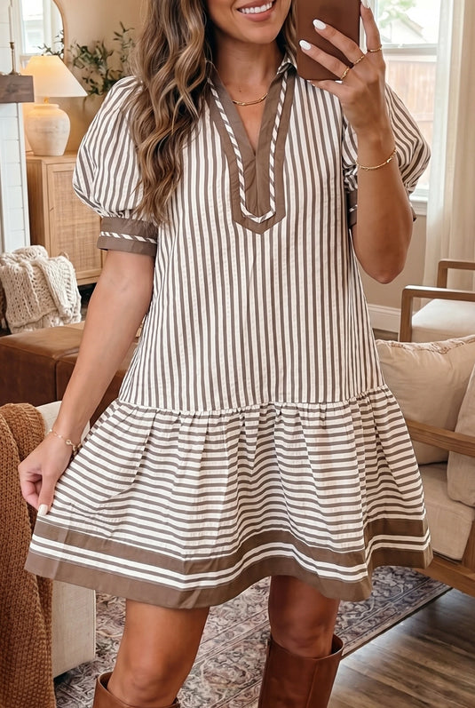 DLLS665 - Ladies Brown Stripe Shirt Collar Color Block Patchwork Trim Ruffle Hem Short Dress