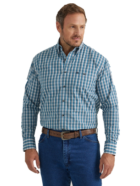 112330375 - Wrangler® Classic Long Sleeve Shirt - Relaxed Fit - Navy/ Turquoise