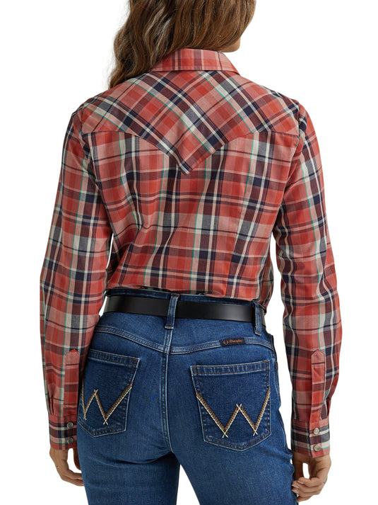 112344676 - Wrangler Women's Essential Long Sleeve Plaid Western Snap Top In Red Orange