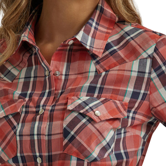 112344676 - Wrangler Women's Essential Long Sleeve Plaid Western Snap Top In Red Orange