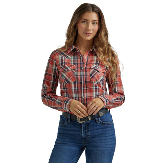 112344676 - Wrangler Women's Essential Long Sleeve Plaid Western Snap Top In Red Orange