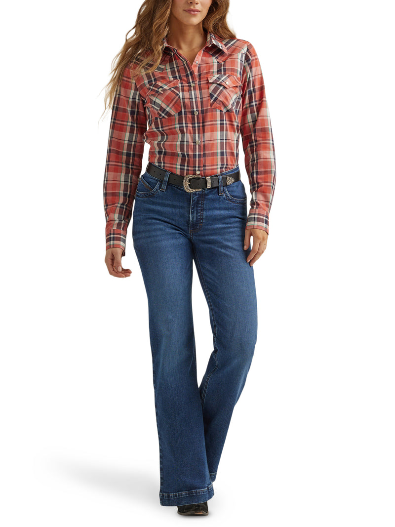 Load image into Gallery viewer, 112344676 - Wrangler Women's Essential Long Sleeve Plaid Western Snap Top In Red Orange
