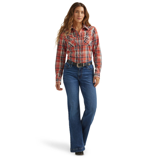 112344676 - Wrangler Women's Essential Long Sleeve Plaid Western Snap Top In Red Orange