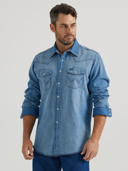 112345068 - Vintage-Inspired Western Snap Work Shirt In Medium Blue