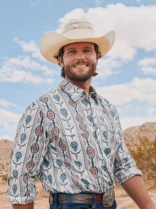 112374908 - Wrangler Men's Checotah® Long Sleeve Western Snap Printed Shirt