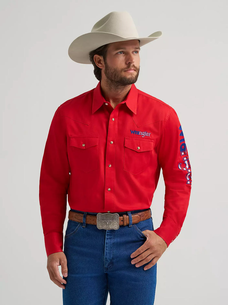Load image into Gallery viewer, 112379238 - Wrangler® Men's Logo Long Sleeve Western Snap Shirt
