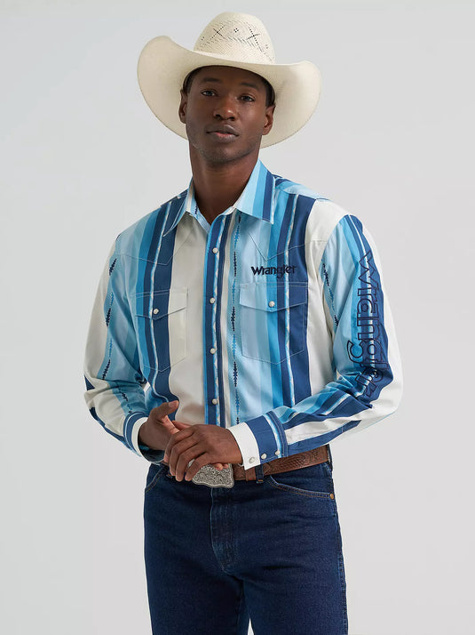 112379239 - Wrangler® Men's Logo Long Sleeve Striped Shirt