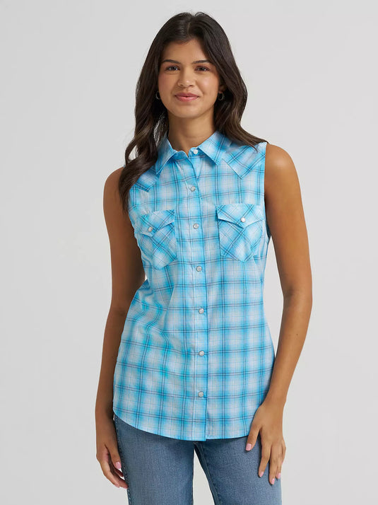 112379474 - Wrangler Women's Essential Sleeveless Plaid Western Snap Shirt