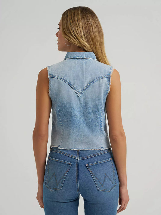 112379492 - Wrangler Women's Frayed Hem Sleeveless Denim Snap Shirt