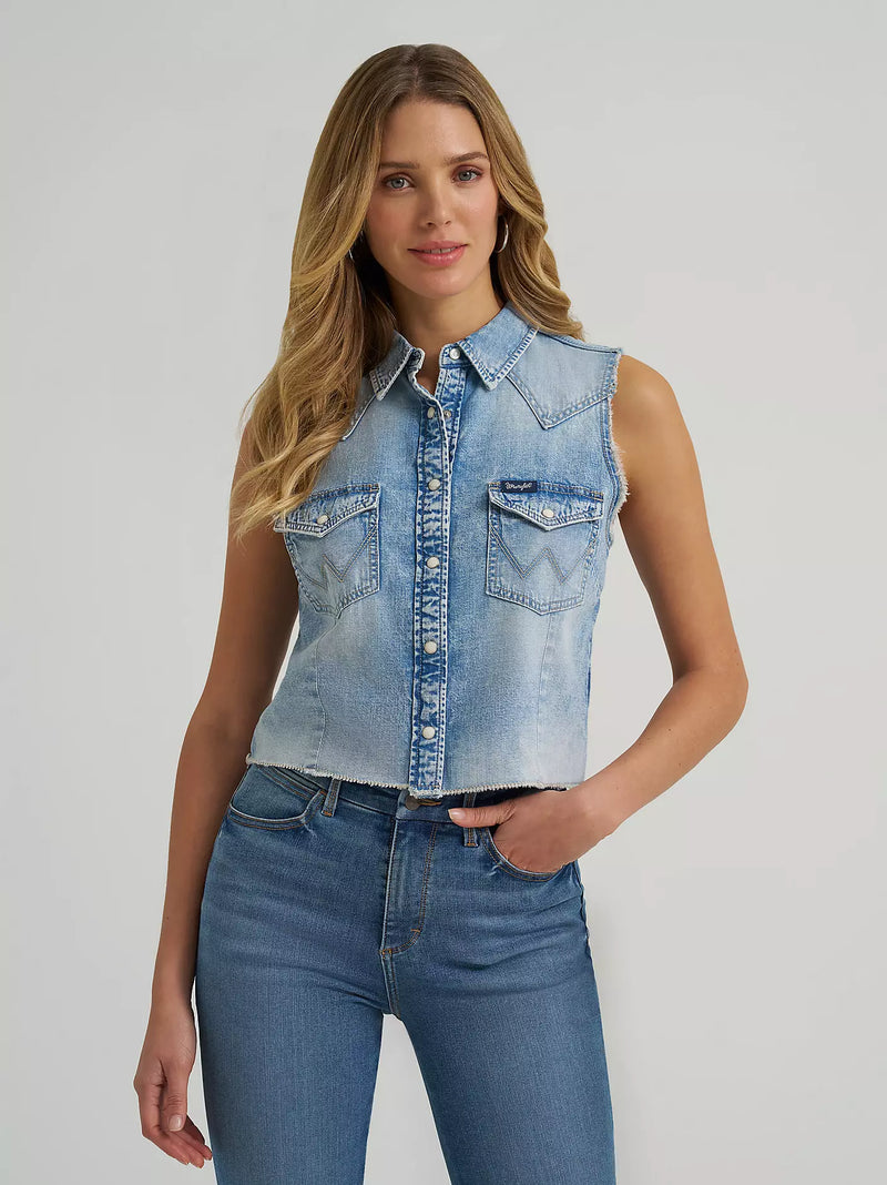 Load image into Gallery viewer, 112379492 - Wrangler Women's Frayed Hem Sleeveless Denim Snap Shirt
