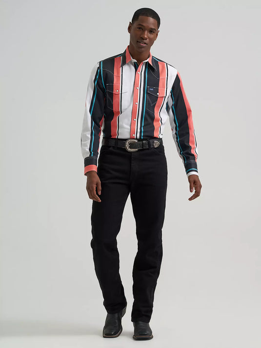 112381997 - Wrangler Vintage-Inspired Brushpopper Black Multi Stripe Work Shirt