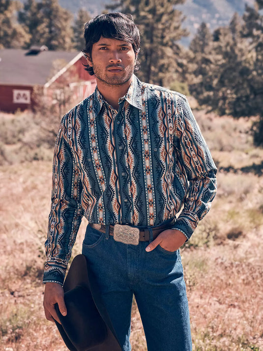 112384297 - Wrangler Men's Checotah® Long Sleeve Western Snap Printed Shirt