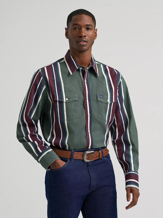 112385788 - Wrangler Vintage-Inspired Brushpopper Green Multi Stripe Work Shirt