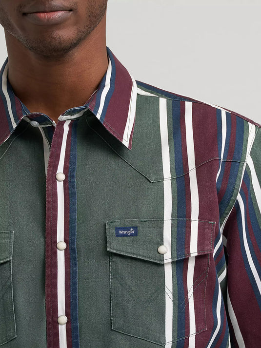 112385788 - Wrangler Vintage-Inspired Brushpopper Green Multi Stripe Work Shirt