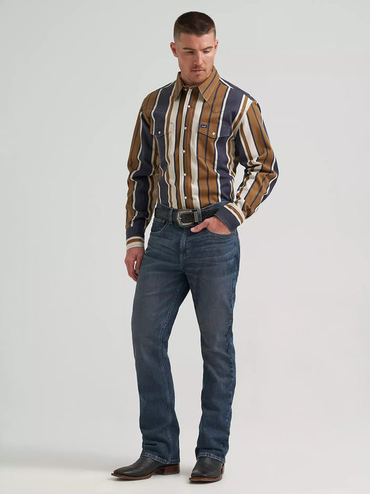 112385789 - Wrangler Vintage-Inspired Brushpopper Brown/Blue Stripe Work Shirt