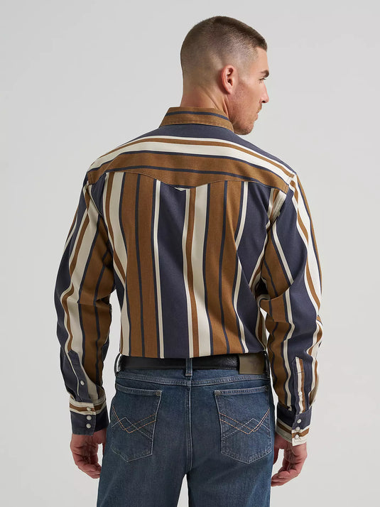112385789 - Wrangler Vintage-Inspired Brushpopper Brown/Blue Stripe Work Shirt