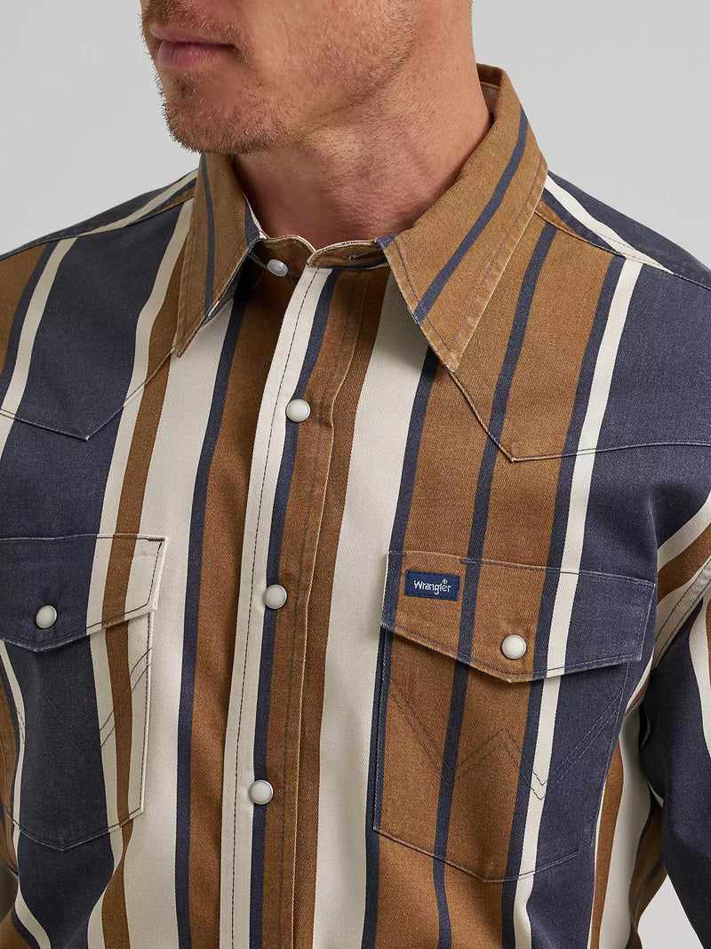 Load image into Gallery viewer, 112385789 - Wrangler Vintage-Inspired Brushpopper Brown/Blue Stripe Work Shirt
