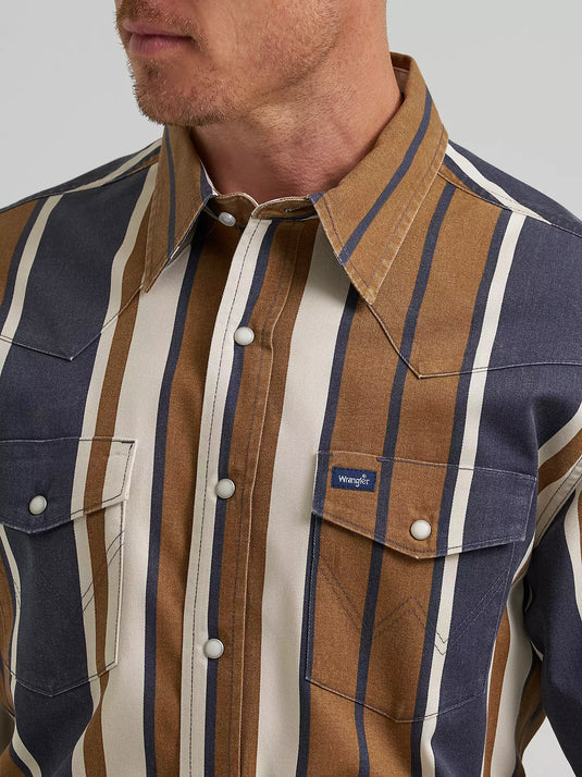112385789 - Wrangler Vintage-Inspired Brushpopper Brown/Blue Stripe Work Shirt