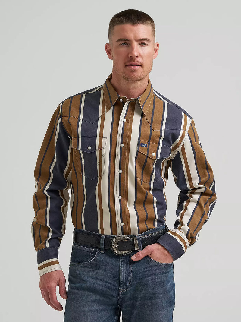 Load image into Gallery viewer, 112385789 - Wrangler Vintage-Inspired Brushpopper Brown/Blue Stripe Work Shirt
