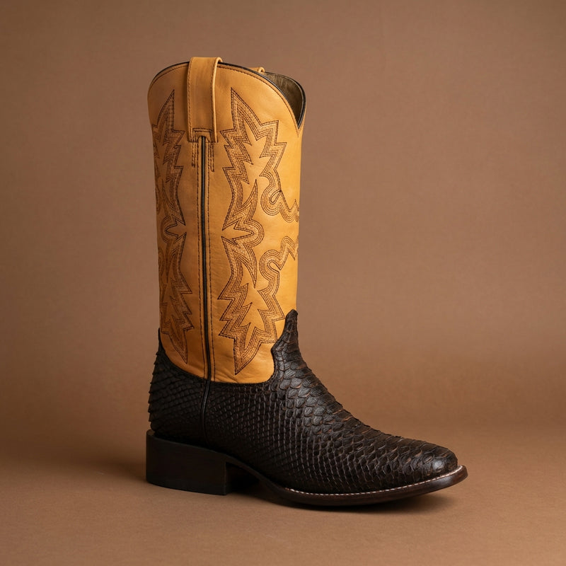Load image into Gallery viewer, CP5007 - Cowboy Prayer Black Python Print w/Yellow Underlay Western Boot

