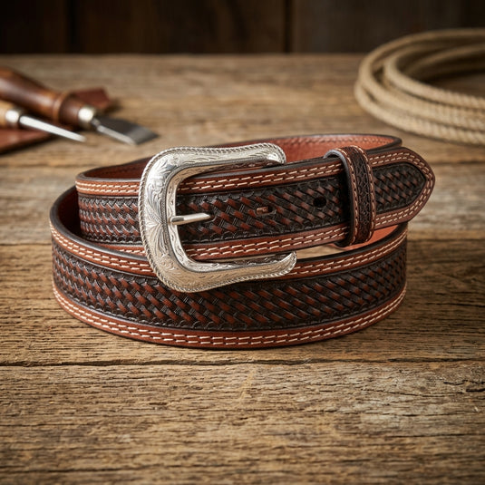 1006 - Men's Cognac Belt With Basket Tooling