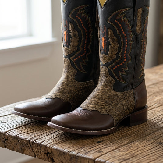 1249 - RockinLeather Men's Chocolate Ranch with Cowhair Overlay Western Boot