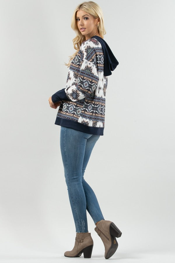Load image into Gallery viewer, AVER6- Ladies Navy Aztec Print Color Block Hoodie
