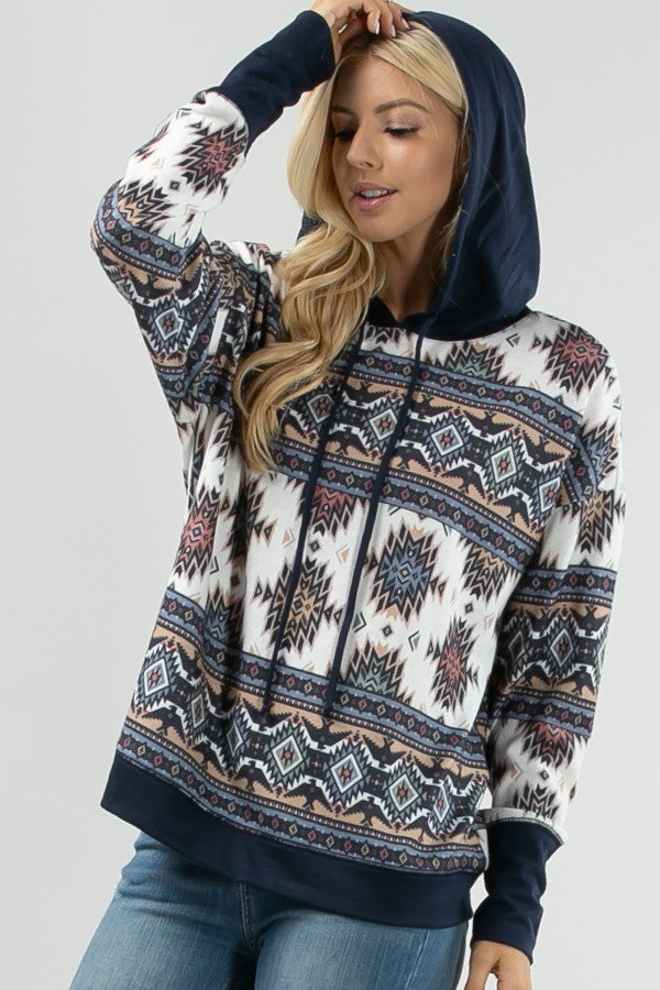 Load image into Gallery viewer, AVER6- Ladies Navy Aztec Print Color Block Hoodie
